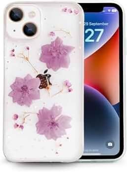 Enflamo Soft Clear Silicone Case Glitter Floral Back Cover for iPhone 14 | with Pressed Dry Real Flowers (Purple)