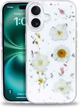 Enflamo Clear Silicone Case Glitter Floral Back Cover for iPhone 16 Plus | with Pressed Dry Real Flowers (White) Pattern Name: