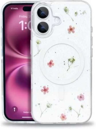 Enflamo Clear Silicone Magnatic Case Glitter Floral Back Cover for iPhone 16 Plus | with Pressed Dry Real Flowers (Pink)